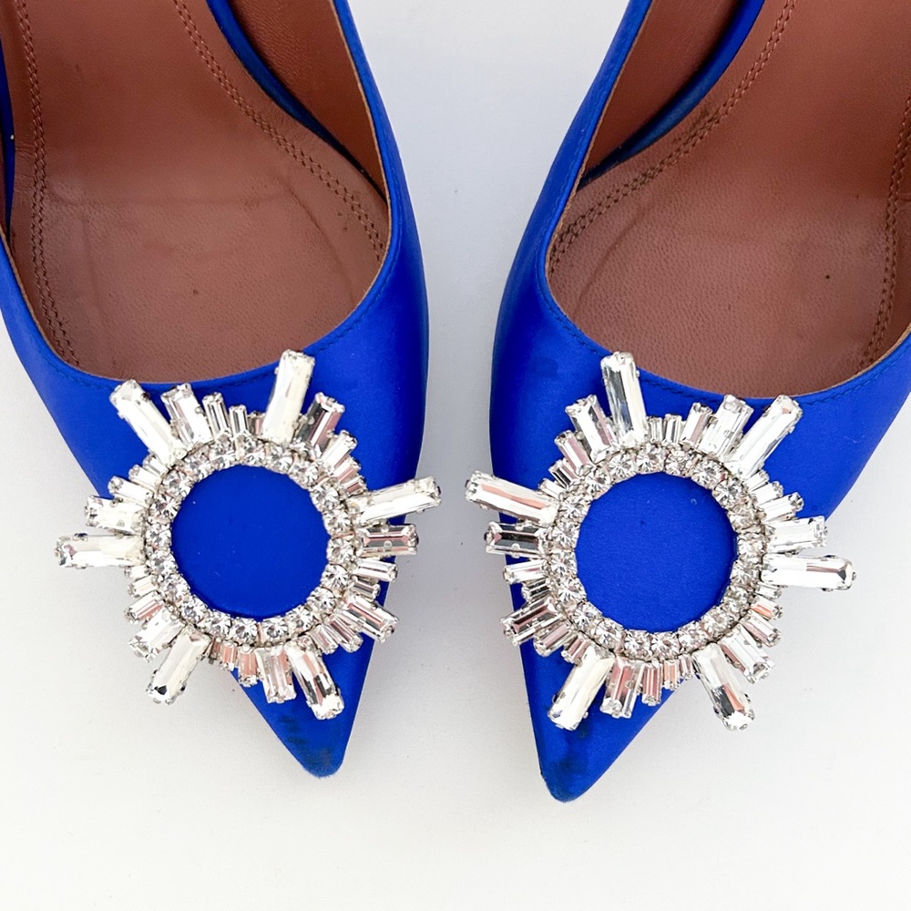 Amina Muaddi Begum Electric Blue Satin Crystal Rhinestone Pumps High Heels 37 - Picture 4 of 12